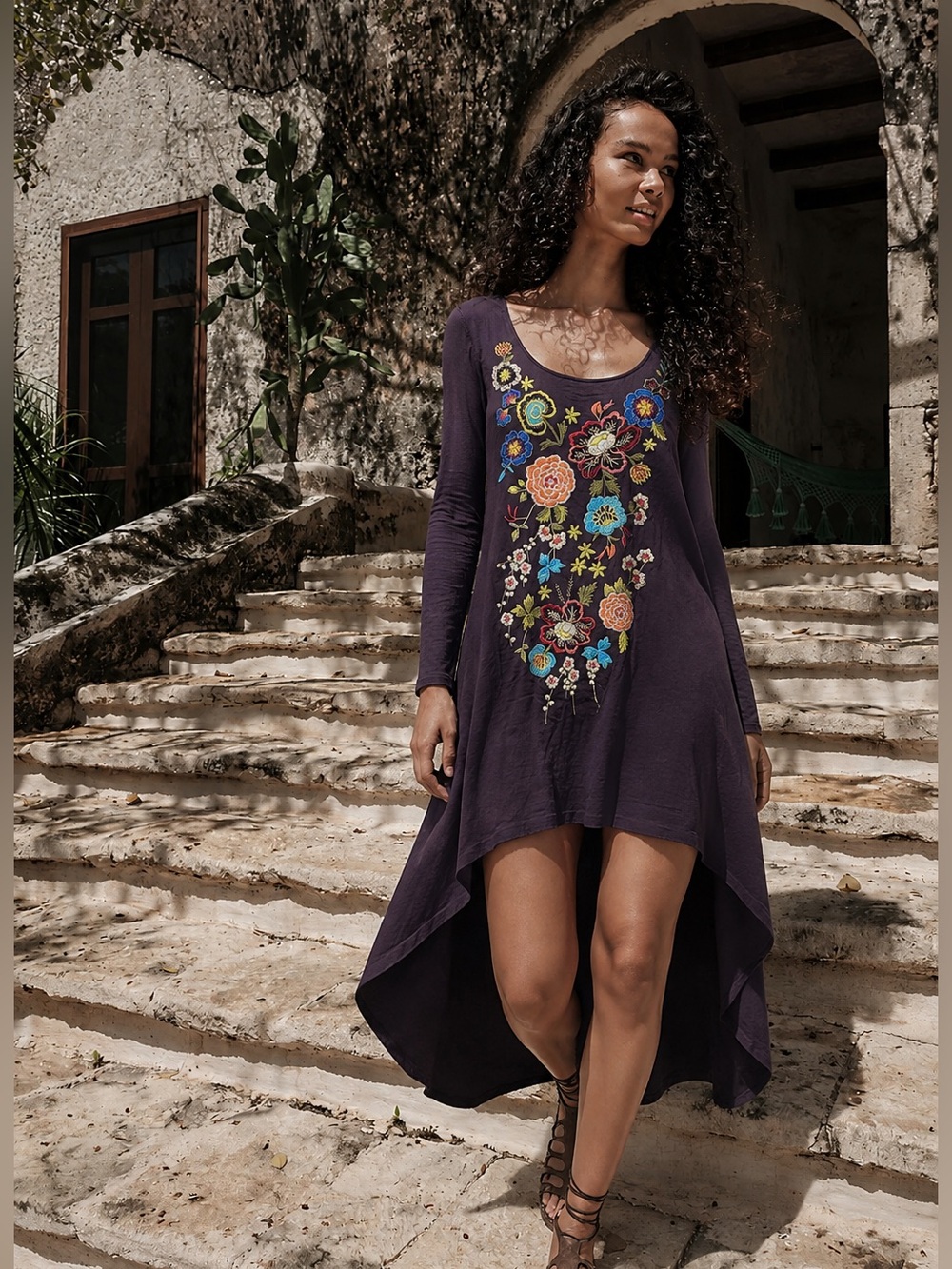 Johnny Was Purple Long Sleeve Dress with Multicolor Floral Embroidery